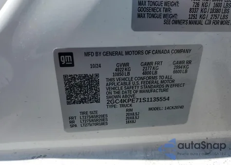 2025 Chevrolet Silverado K2500 Heavy Duty Ltz z USA, uszkodzony, nr VIN 2GC4KPE71S1135554